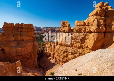 Bei einer Wanderung durch das Ampitheater im Bryce Canyon werden viele Hoodoo's und andere wunderschöne Orte entdeckt Stockfoto