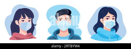People Avatare in medizinischen Masken. Flaches Design. Gesichtszüge in medizinischen Masken. Stock Vektor