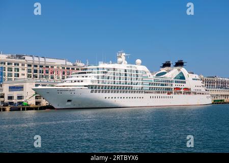 Seabourn Quest by Seabourn Cruise Line am Bostoner Kreuzfahrthafen im Seaport District, Stadt Boston, Massachusetts MA, USA. Stockfoto