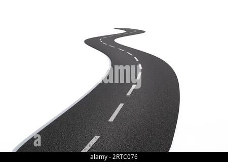 Gekrümmte Asphaltstraße isoliert auf weißem Hintergrund. 3D-Abbildung Stockfoto