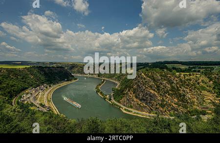 Loreley und das Rheintal vom Aussichtspunkt Maria Ruh, St. Goar, Oberes Mittelrheintal, Rheinland-Pfalz, Deutschland Stockfoto