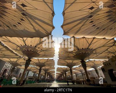 Medina, Saudi-Arabien - 22. August 2023: Pilger laufen unter riesigen Sonnenschirmen auf dem Gelände der Nabawi-Moschee. Baldachin bei Masjid Nabawi in Medina, Saudi-Arabien Stockfoto