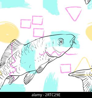Nahtloses Vektormuster aus Karpfenfischen, skizziert auf abstraktem farbenfrohem Hintergrund, handgezeichnete fortlaufende Illustration Stock Vektor