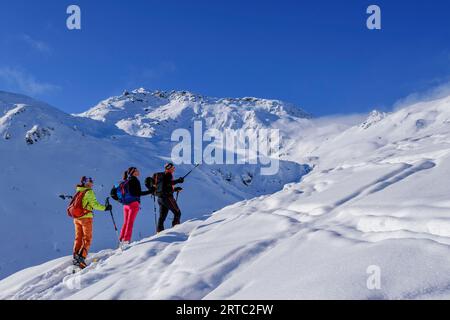 Drei Personen auf einer Skitour auf dem Kleinen Gamsstein, Gilfert im Hintergrund, kleiner Gamsstein, Hochfügen, Tuxer Alpen, Tirol, Österreich Stockfoto