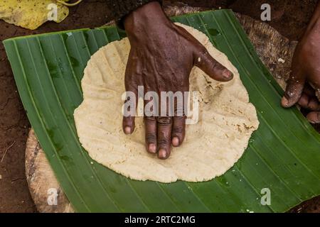 Dorze Woman bereitet Kocho-Brot aus enset (falsche Banane) zu, einer wichtigen Nahrungsquelle in Äthiopien Stockfoto