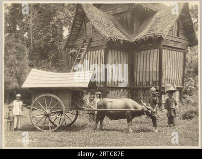 West Sumatra, Indonesien, 1900, Vintage-Archivfoto, ländliches Leben, Wagen und Ochse, Leute Stockfoto