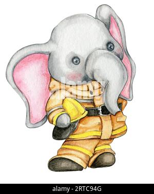 Feuerelefant in gelber Uniform. Aquarellillustration für Scrapbooking. Handgezeichneter Cartoon-Hintergrund mit Spielzeug für Kinder. Perfekt Stockfoto