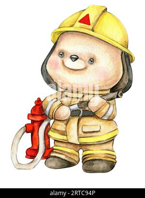 Aquarellfeuerhund in gelber Uniform. Aquarellillustration für Scrapbooking. Handgezeichneter Cartoon-Hintergrund mit Spielzeug für Kinder. Perfekt für Stockfoto