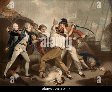 Horatio Nelson in der Schlacht von Cape St. Vincent, 14. Februar 1797. Nach einem Druck von James Daniell aus dem Gemälde von Henry Singleton. Stockfoto