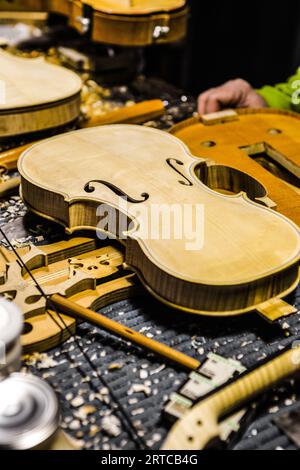 Lutist Philippe Devanneaux arbeitete in seinem Geschäft in Cremona, Italien Stockfoto