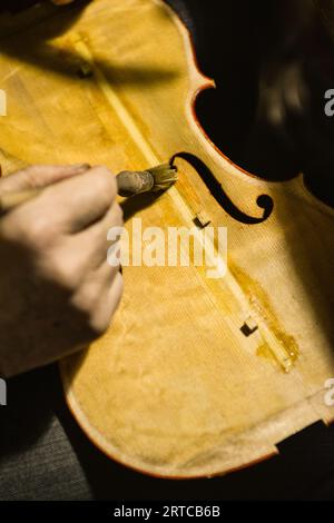 Lutist Philippe Devanneaux arbeitete in seinem Geschäft in Cremona, Italien Stockfoto