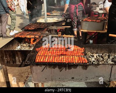 Barbecue Fleisch Hähnchen Schweinefleisch gegrilltes Rindfleisch auf offenem Feuer rauchige Kohlen, Koch bereitet eine Menge Essen für Gäste Festival Essen Stockfoto