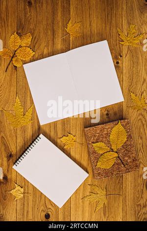 Im Herbst können Sie Notizbuchseiten aus offenem Papier mit Herbstblättern nachstellen. Herbstmockup, weißes Notebook, emty Space mit trockenen Ahornblättern auf hölzernem Hintergrund. Flach Stockfoto