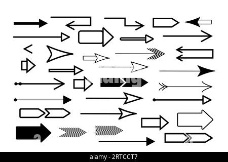 Pfeile setzen eine einfache, von Hand gezeichnete Vektorillustration, die in verschiedene Richtungen zeigt Stock Vektor