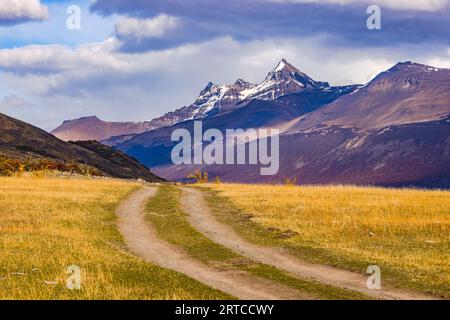 Leichte Wanderung durch Grasland in der Nähe des Lago Argentino vor den markanten Andengipfeln, Argentinien, Patagonien, Südamerika Stockfoto