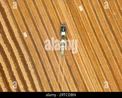 Ein Traktor mit Anhänger fährt diagonal über ein Stoppelfeld mit Heuballen, Hessen, Deutschland Stockfoto