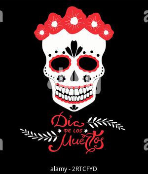 Tag der Toten, Dia de los Muertos mexikanisches traditionelles Weihnachtsposter. Zuckerschädel mit roten Blumen und Handschrift. Vektorillustration Stock Vektor