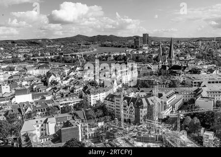 Aus der Luft von Bonn in schwarz-weiß, der ehemaligen Hauptstadt Deutschlands Stockfoto