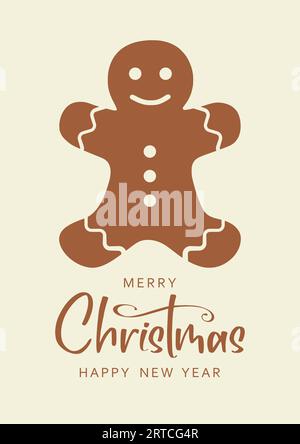 Poster mit Frohe Weihnachten und Happy New Year Schriftzug und Lebkuchenmann Stock Vektor