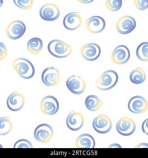 Nahtloses Muster von Hand gezeichnete einfache spiralförmige Kreise Polka Dots blau gelber Verlauf auf weißem Hintergrund Stock Vektor
