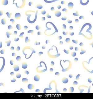 Nahtloses Muster von Hand gezeichnet einfache Herzen und Punkte blau gelber Farbverlauf auf weißem Hintergrund Stock Vektor