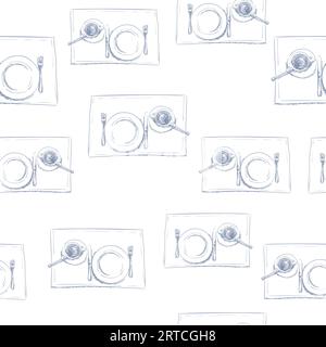 Nahtloses Vektormuster mit handgezeichnetem Teller, Messer, Gabel, Teetasse und Löffel, Essthema-Hintergrund Stock Vektor