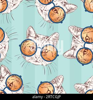 Nahtloses Vektormuster mit Skizze einer Katze, die orangefarbene runde Gläser trägt, isolierter Kopf auf grün gestreiftem Hintergrund Stock Vektor