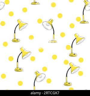 Nahtloses Vektormuster mit handgezeichneter gelber Retro-Tischlampe auf weißem Hintergrund und Punkten Stock Vektor