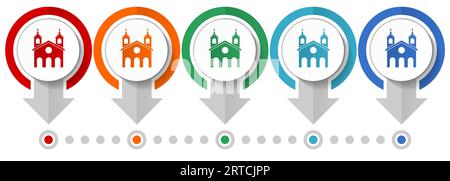 Symbolsatz für Kirchenvektoren, Infografikvorlage für flaches Design, Symbole für Zeigerkonzepte in 5 Farboptionen für Webdesign und mobile Anwendungen Stock Vektor