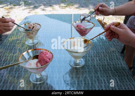 Freunde genießen Eisdesserts mit goldenen Löffeln Stockfoto