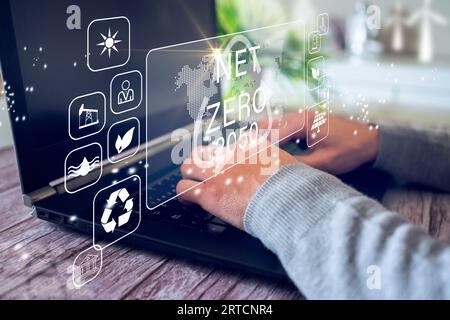 Nettonull bis 2050. Ziel für die Nettonullemissionen von Treibhausgasen. Keine toxischen Gase. Konzept der erneuerbaren Energien. 3D-Rendern Stockfoto