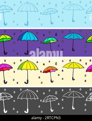 Nahtlose Umrandung mit Regenschirmen in verschiedenen Farbvariationen, Konzept für glückliches Regenwetter, kann für das Gürteldesign oder für modisches Klebeband verwendet werden Stock Vektor