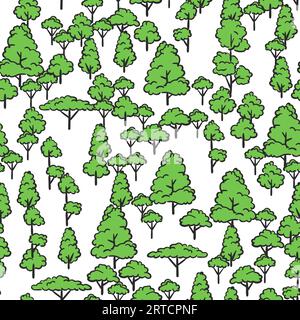 Nahtloses Vektormuster mit von Hand gezeichneten einfachen Bäumen im Doodle-Stil, grün auf weißem Hintergrund, Waldthema Stock Vektor
