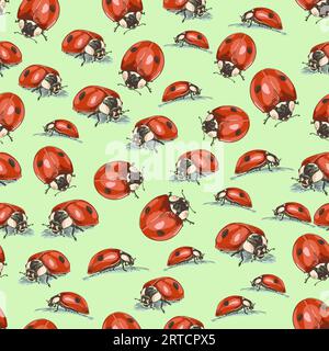 Nahtloses Vektormuster mit handgezeichneten realistischen Marienkäfer auf grünem Hintergrund, Insektenmotiv für Sommermode Stock Vektor