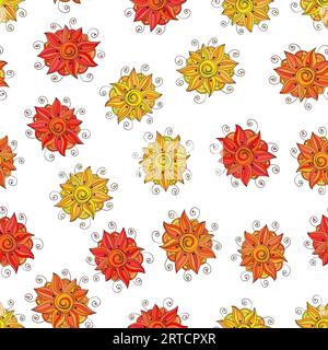 Nahtloses Vektormuster mit von Hand gezeichneten stilisierten Blumen auf weißem Hintergrund, buntes Thema für Sommer- und Herbstmode Stock Vektor
