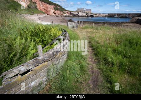 Blick auf einen verlassenen Hafen mit einem alten Holzboot im Vordergrund, East Lothian, Schottland, Vereinigtes Königreich Stockfoto