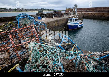 Blick auf den Hafen von North Berwick mit Hummertöpfen im Vordergrund, East Lothian, Schottland, Vereinigtes Königreich Stockfoto