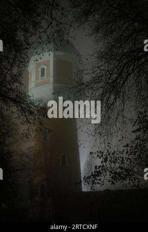 Neblige und düstere Stimmung, Wasserturm Neu-Ulm, Neu-Ulm, Regierungsbezirk Schwaben, Bayern, Deutschland, Europa Stockfoto