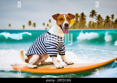 Der lustige Hund Jack Russel surft auf einem Surfbrett und trägt Sonnenbrillen am Meeresufer. Süße Träume. Kreative Kunstcollage, Konzept von Tier, Pflege, Sport Stockfoto