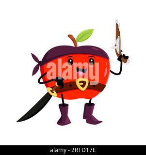 Zeichentrickapfel-Piraten- und Korsarenfrucht-Charakter mit Muskete und Säbel. Isolierter Vektor lustige reife Gartenpflanzenpersönlichkeit im Filibuster Kostüm mit g Stock Vektor