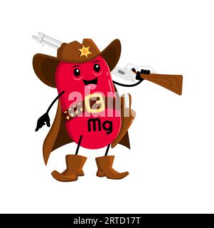 Cartoon Wild West Magnesium Sheriff Charakter oder Ranger Mikronährstoff. Lustige Vector mg Element tragen Cowboyhut mit Sternenabzeichen, Gewehr und Pistole am Gürtel. Stock Vektor