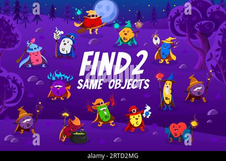 Finden Sie zwei gleiche Zeichentrickfiguren Vitamin Zauberer Kinder Spiel Arbeitsblatt. Vektorrätsel mit H, U, B12, B1, B6 und K. E und P und D Warlock Kapselprägung Stock Vektor