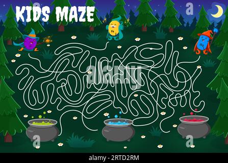 Labyrinth-Labyrinth-Spiel. Hilf den Zauberern, Mineralien und Spurennährstoffe zu zeichnen und einen Zaubertrank zu finden. Kindervektorbrettspiel mit P, Fe mg Supplement Capsule war Stock Vektor