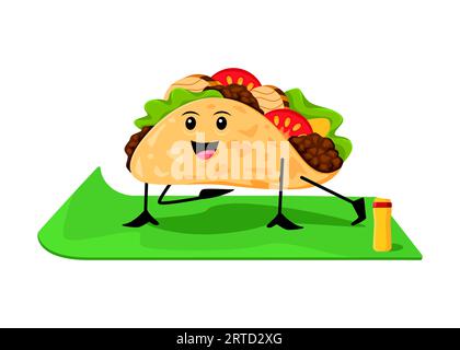 Cartoon-Fast-Food-Tacos-Charakter über Yoga-Fitnesssport. Fastfood-Menü Menü Essen fröhliche Persönlichkeit, Take Away Café mexikanische Küche Snack, Taco isoliert Vve Stock Vektor