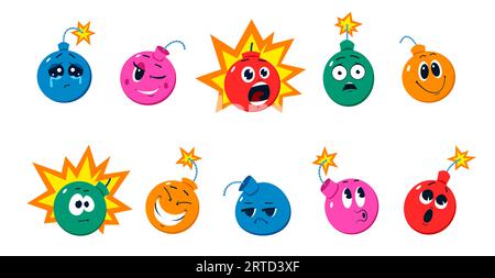 Lustige Bombenfiguren. Isolierte Vektorsprengwaffenpersönlichkeit mit brennenden Docht-Emotionen. Weinend, blitzend, explodierend, schockiert und überrascht Stock Vektor