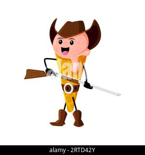 Cartoon-Fast-Food-Eiscreme-Cowboy-Figur. Gelateria Café, Straßenrestaurant Frozen Dessert Western Sheriff lustige Persönlichkeit, Eis in Waffel Co Stock Vektor
