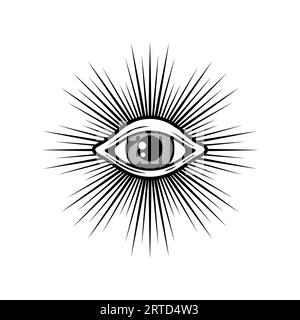 Heilige Geometrie Illuminati Auge mit Sonnenstrahlen, Okkultismus Religion spiritueller Talisman. Altes mystisches Tattoo-Vorsehungszeichen Stock Vektor