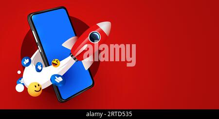 Smartphone mit Flugrakete und Social-Media-Symbolen. Social Media und Marketingkonzept. Vektorillustration Stock Vektor