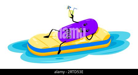 Cartoon-Magnesium-Mikronährstoff-Charakter auf Luftmatratze. Vector mg-Element mit Cocktail Entspannen Sie sich auf dem Schwimmer im Swimmingpool oder Meer im Sommer beac Stock Vektor