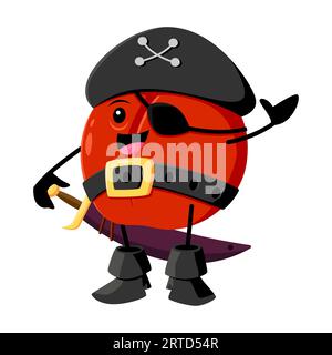 Ein Comic-Pirat aus roten Apfelfrüchten und Korsaren mit Augenfleck, Schwert und Tricorn-Hut sucht auf hoher See nach Schätzen. Isolierter Vektor GA Stock Vektor